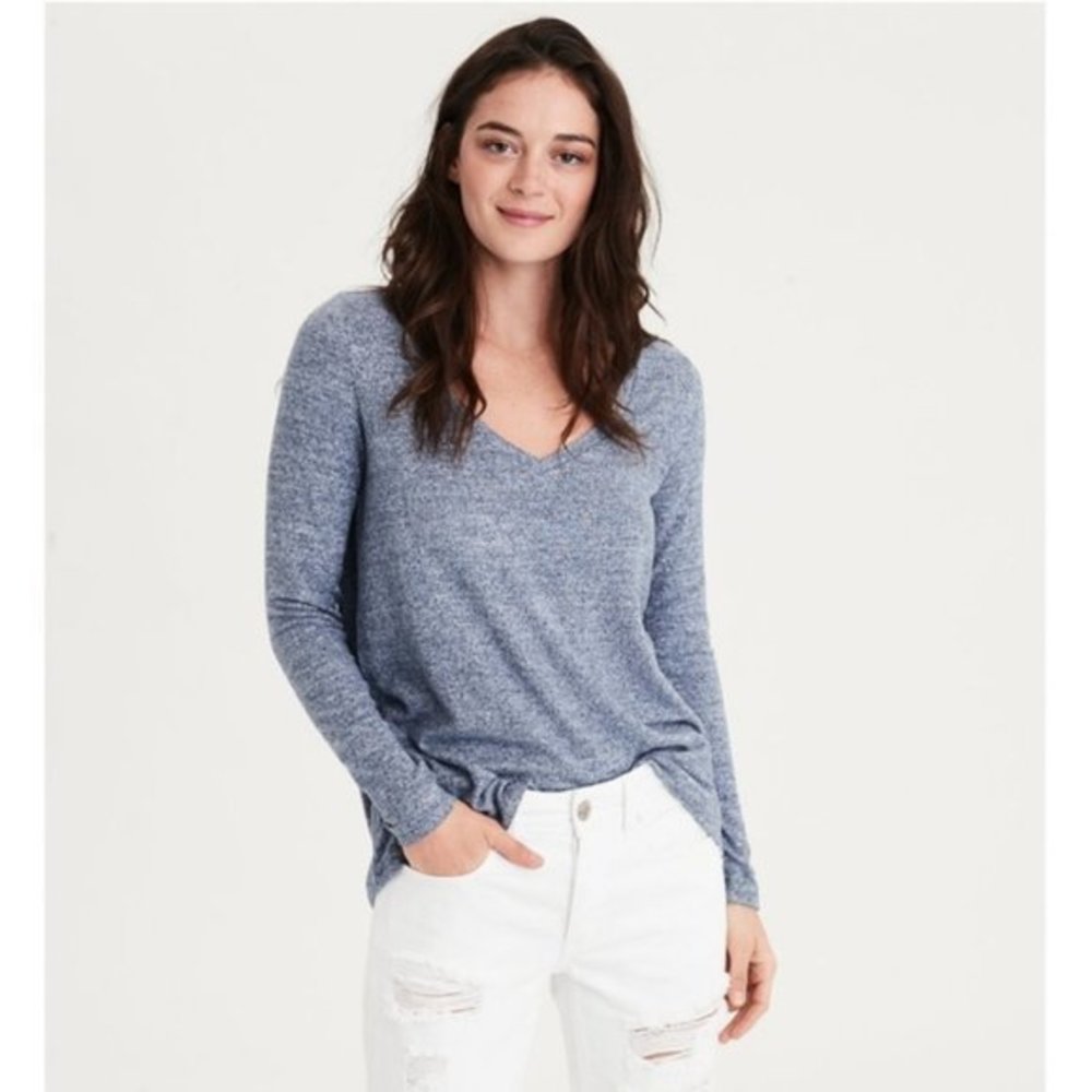 American Eagle XS Blue Soft & Sexy Plush‎ V-Neck Long Sleeve T-Shirt Tee Shirt